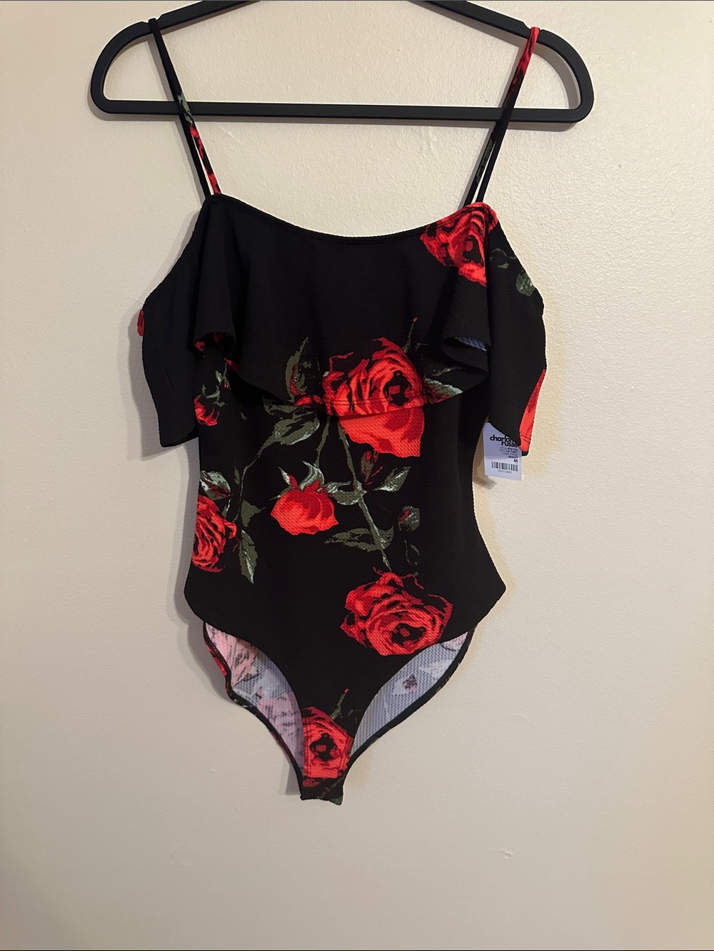 Floral Off-Shoulder One-Piece in Black with Red Roses - Picture 1 of 2